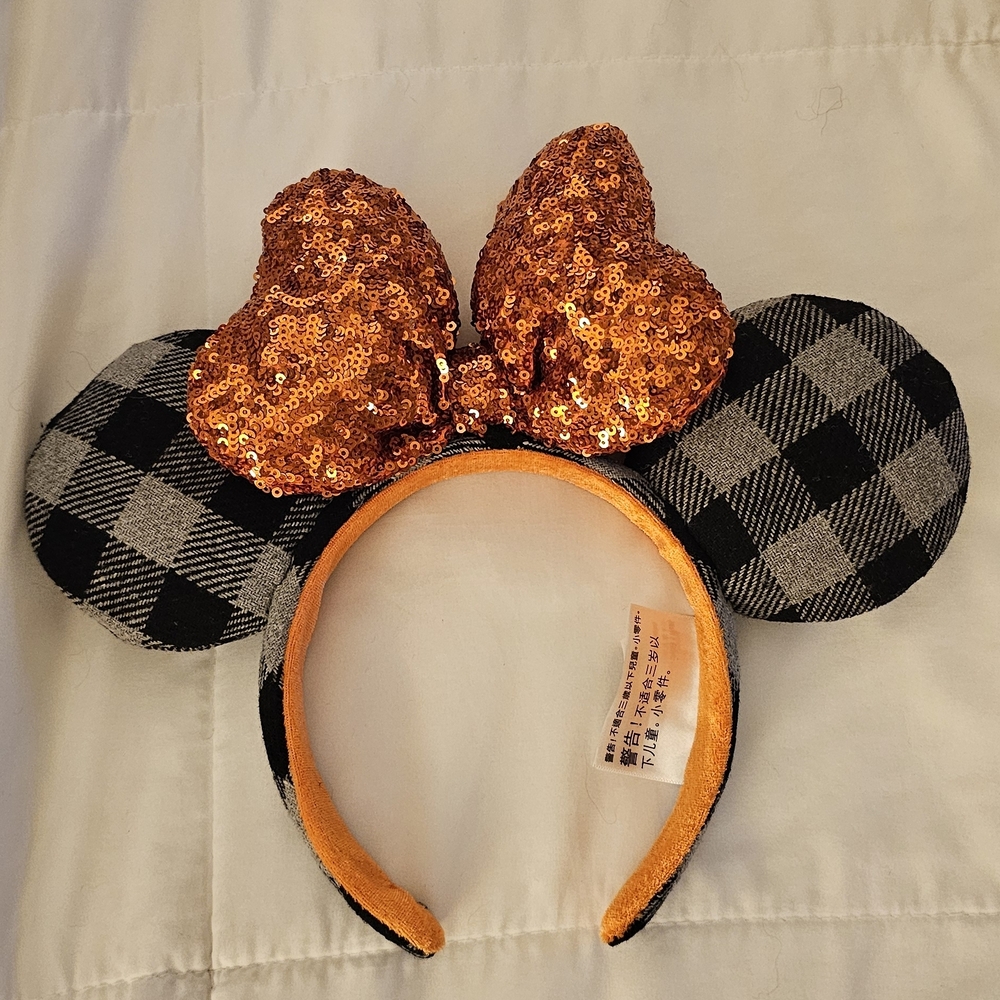Disney Orange Sequin Bow Plaid Ears Headband